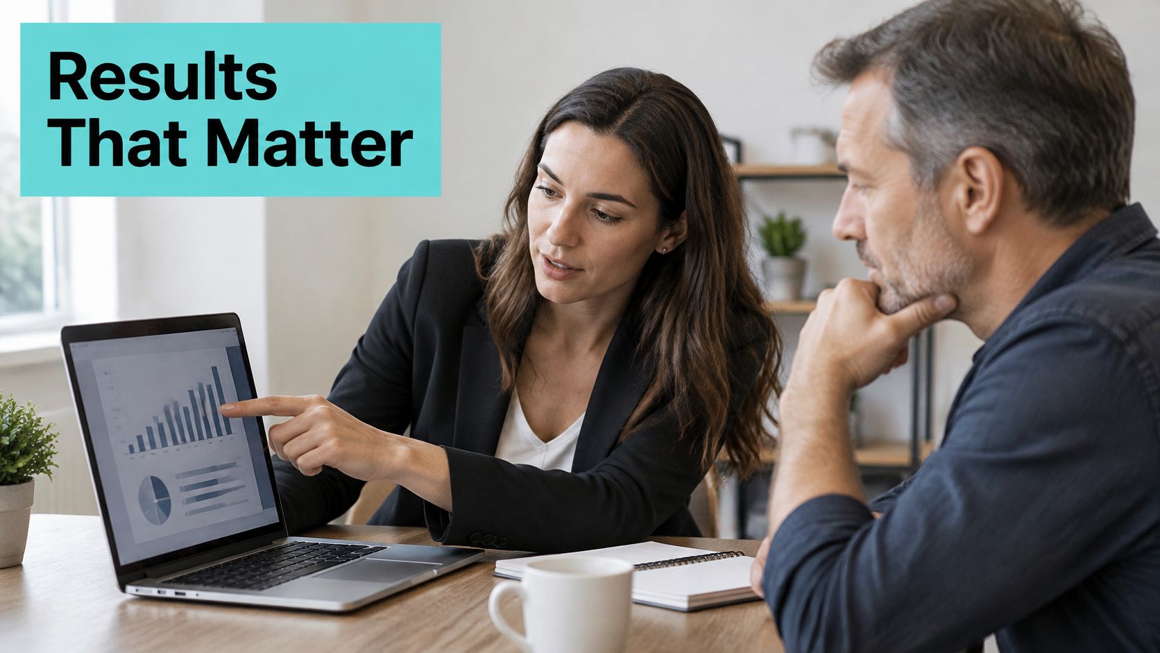 A professional woman showing data charts on a laptop screen to a male colleague in an office.
