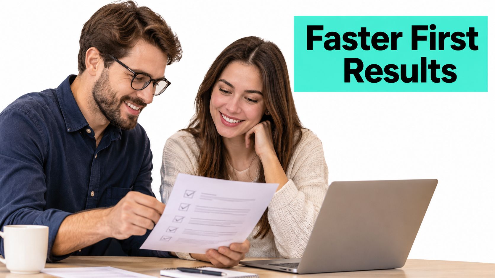 A smiling man and woman reviewing a checklist together while sitting at a desk with a laptop.