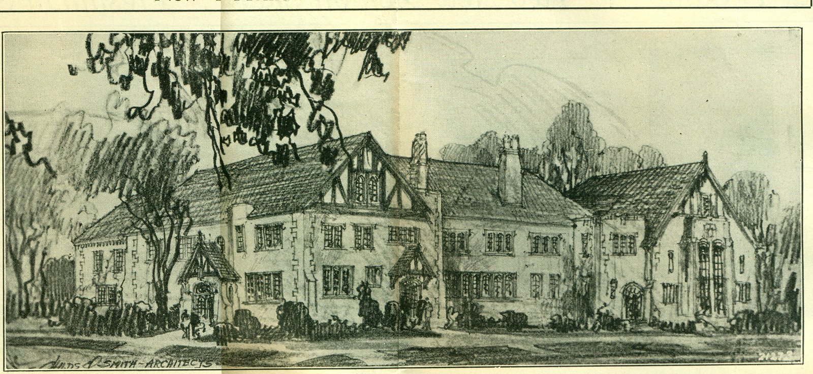 Childs & Smith's 1929 design for the Y: a low brick house with half-timbered gables on an H plan. It was never built. From The Y's Indian, Sept. 5, 1929.