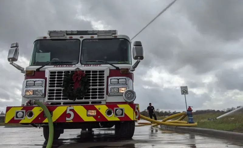 Fire truck with hoses hooked up