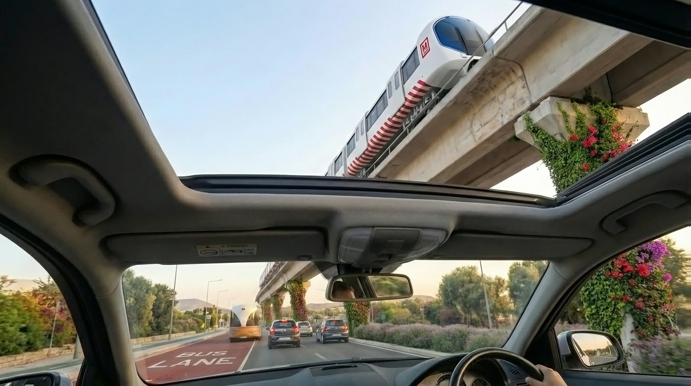 A familiar road perspective transformed by layered mobility, where rapid transit, bus movement and planted infrastructure share the same corridor.
