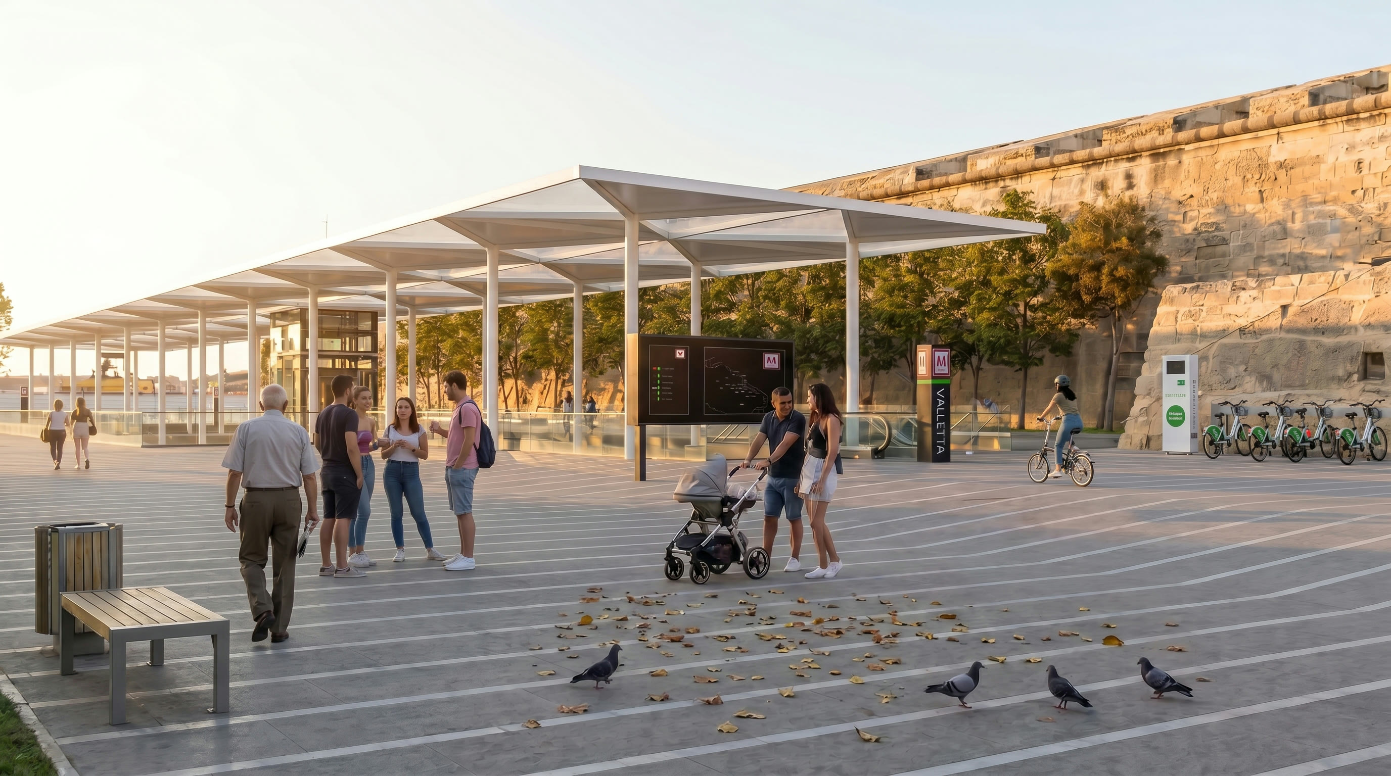 A civic station setting that brings transport, heritage and public life together at the entrance to Valletta.