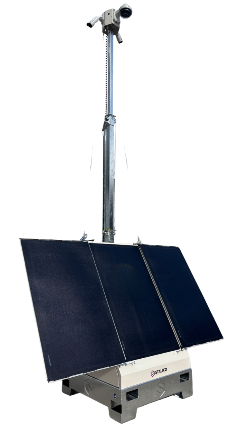 De STALICO® SolarSight is een volledig zelfvoorzienende mobiele cameramast op zonne-energie, ideaal voor bewaking op afgelegen locaties en werven zonder stroomaansluiting.