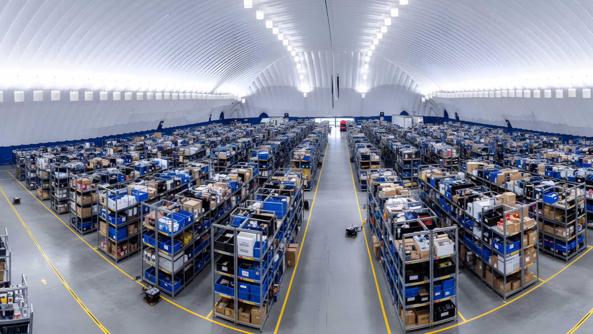 Large warehouse with neatly organized shelves stocked with boxes and items under a curved, brightly lit ceiling.