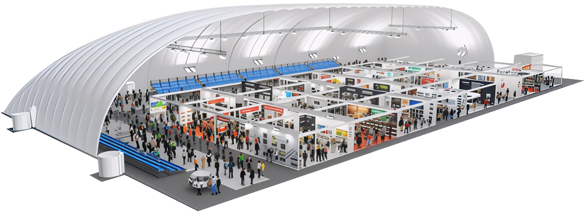 Large exhibition hall inside a dome structure with multiple booths and visitors walking around.