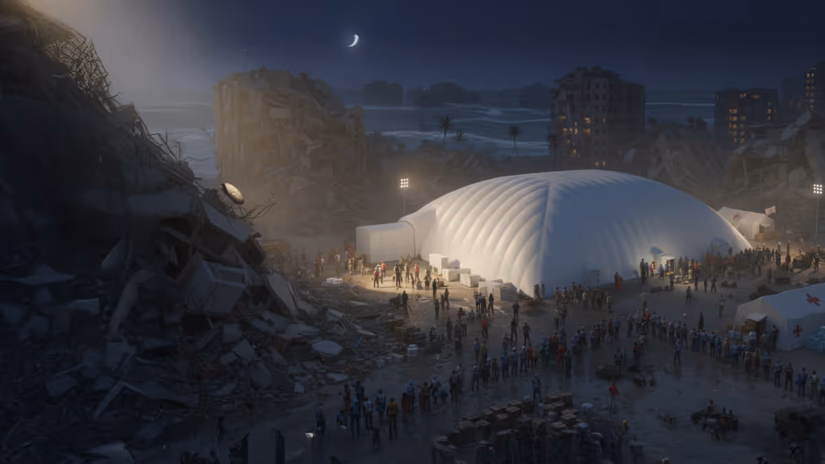 Night scene of a disaster relief camp with a large white inflatable shelter, surrounded by rubble and many people in line and milling around under floodlights.