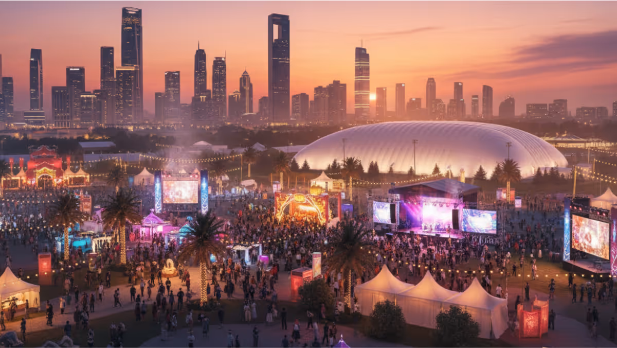 Large outdoor music festival with crowd, illuminated stage, tents, palm trees, and city skyline at sunset.
