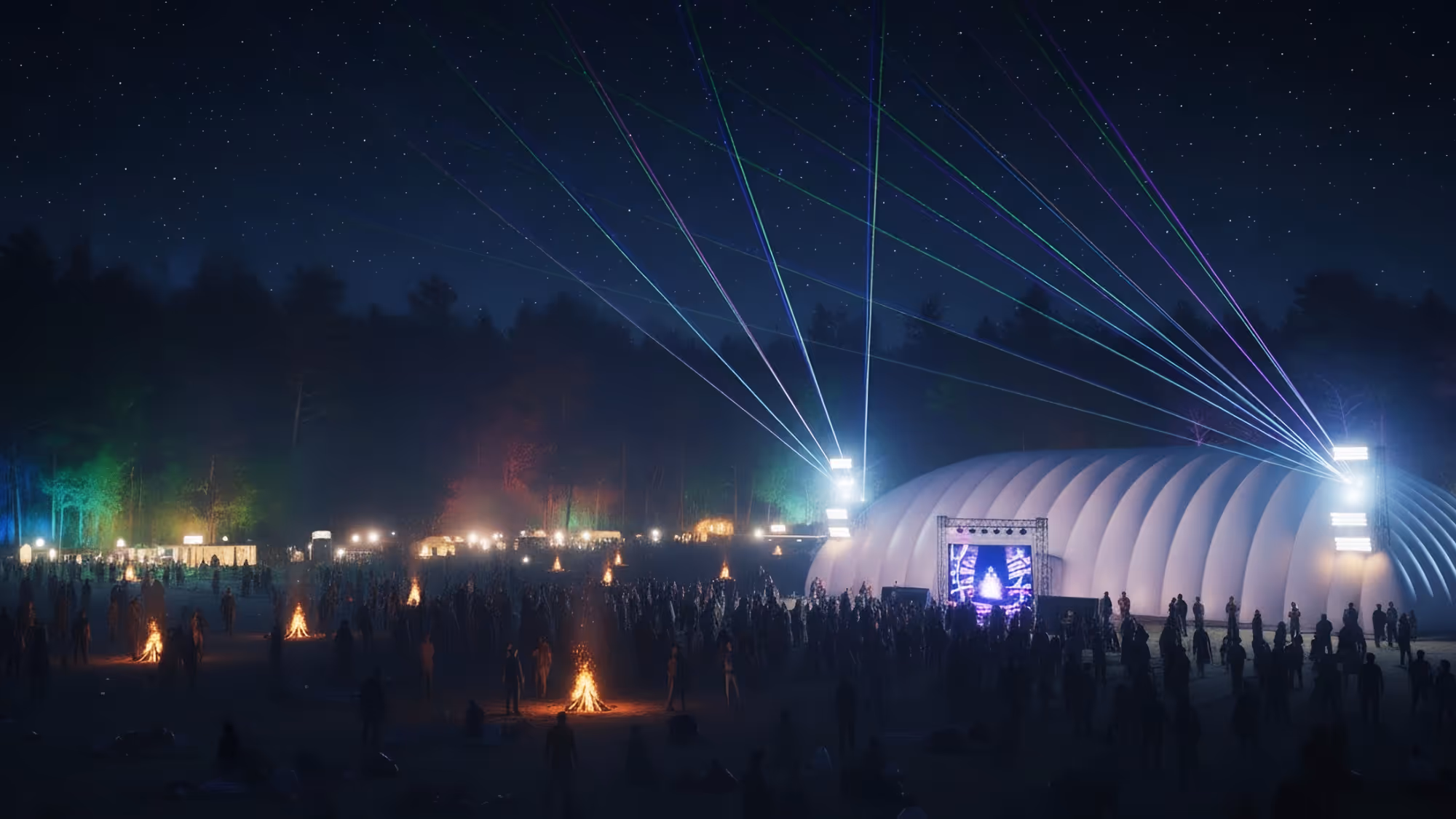 Nighttime outdoor event with crowd, campfires, a large white inflatable structure, and colorful laser lights against a starry sky.