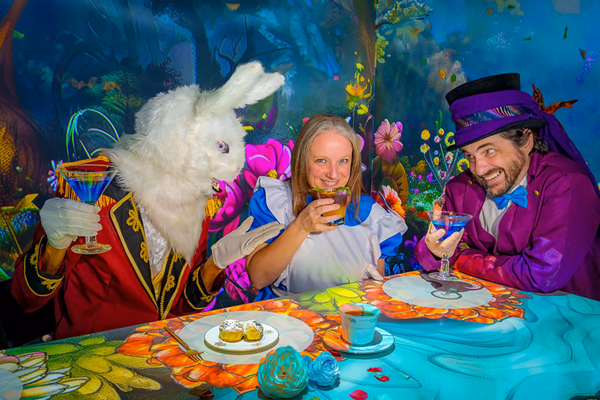 Alice, the White Rabbit, and the Mad Hatter at Teatime