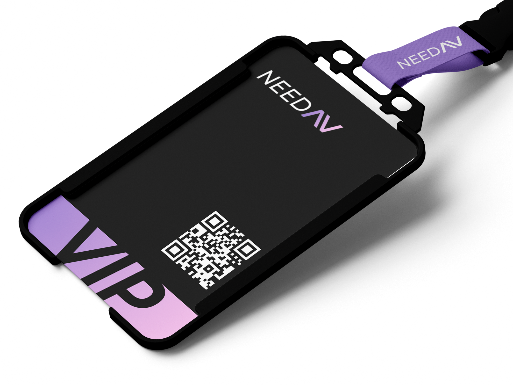 Black event badge with purple 'VIP' text in the bottom left corner, a black and white QR code near the center, and the word 'NEEDAV' in white and purple at the top, attached to a purple lanyard also labeled 'NEEDAV'.