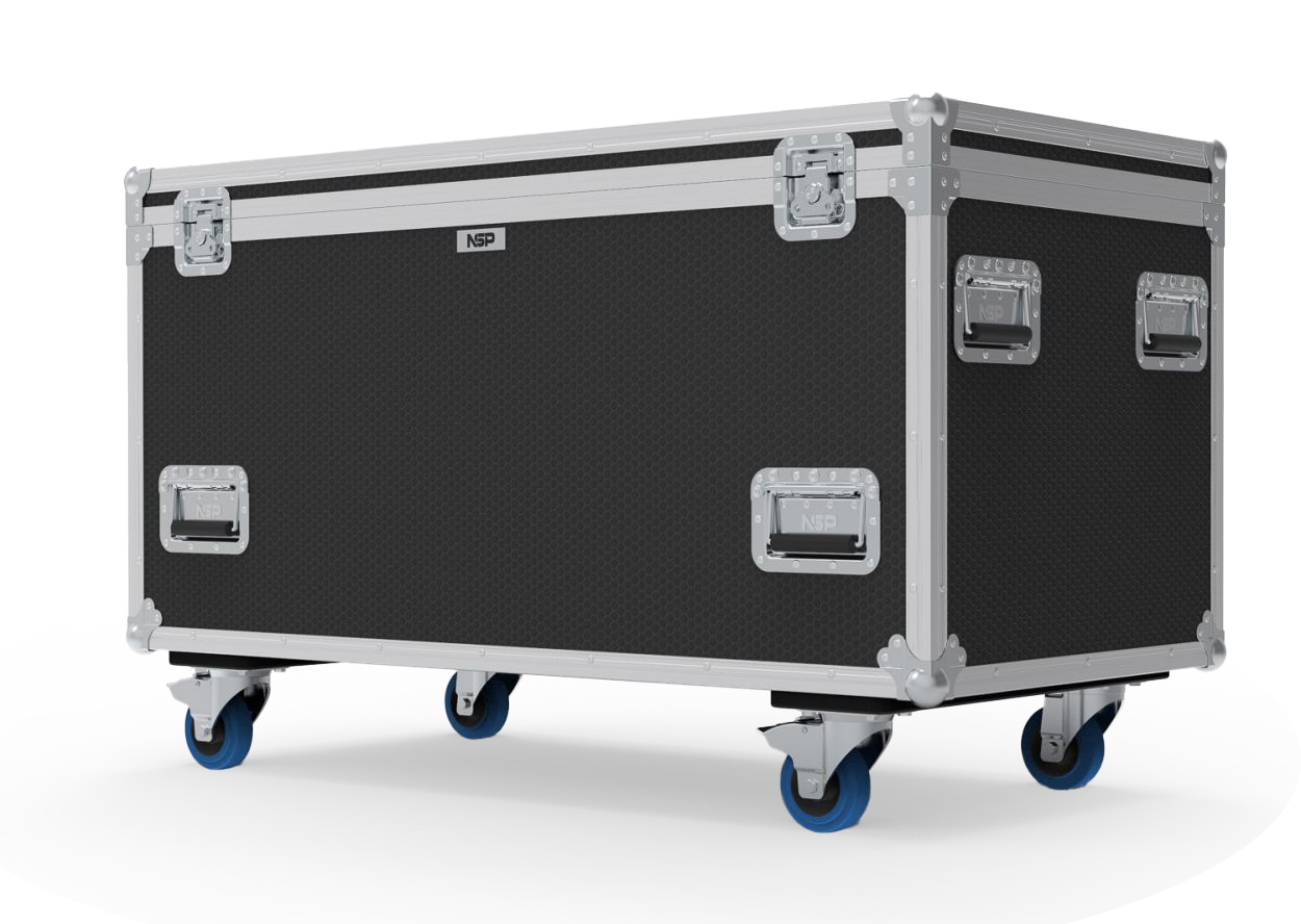 Large rectangular black flight case with silver reinforced edges and corners, metal recessed handles on all visible sides, and four blue caster wheels for mobility, set against a plain white background.