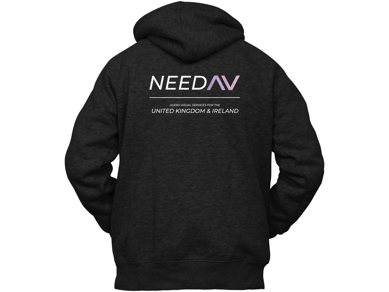 Black hoodie showing back text that reads 'NEED AV' in large letters with 'AUDIO-VISUAL SERVICES FOR THE UNITED KINGDOM & IRELAND' written underneath in smaller font.