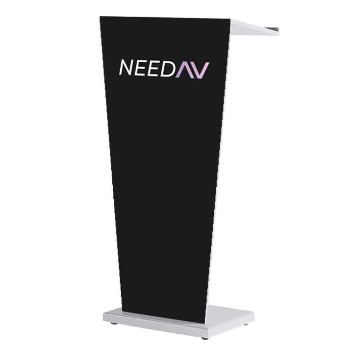 Tall modern lectern with a black front panel displaying the text 'NEED AV' in white and purple letters.
