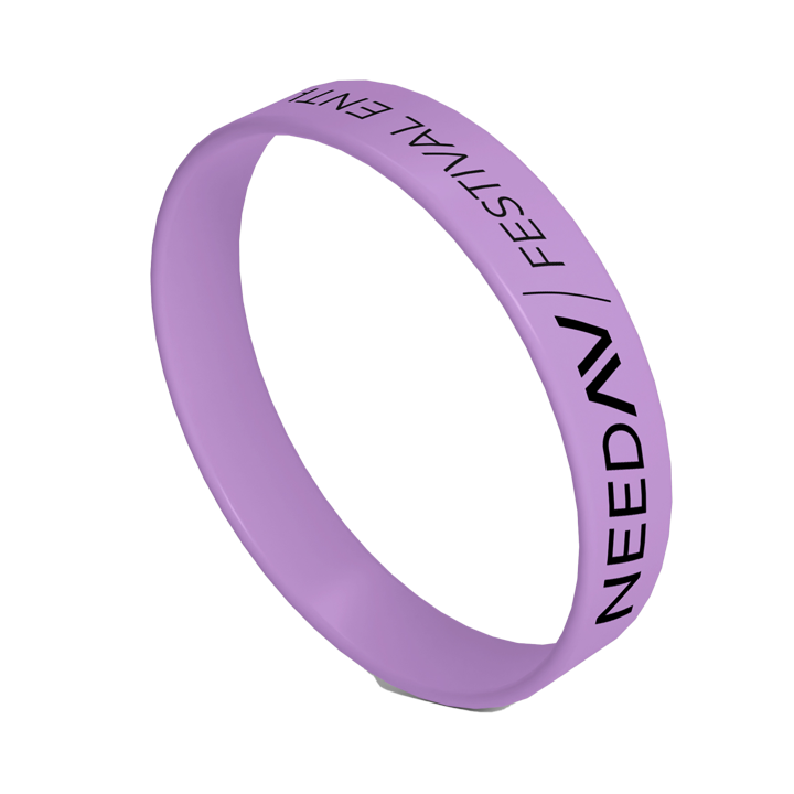 Purple silicone wristband with black text reading 'NEEDAV | FESTIVAL ENT'.
