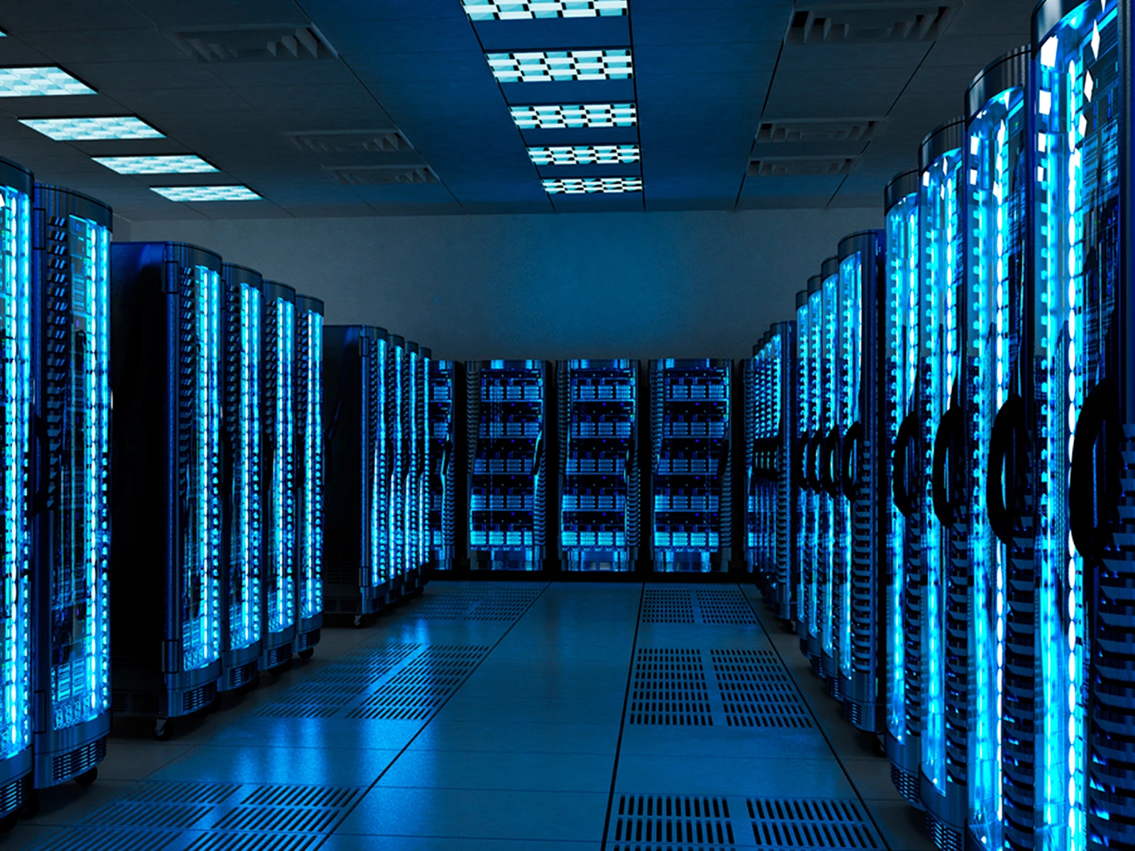 Data center with rows of glowing blue-lit server racks.