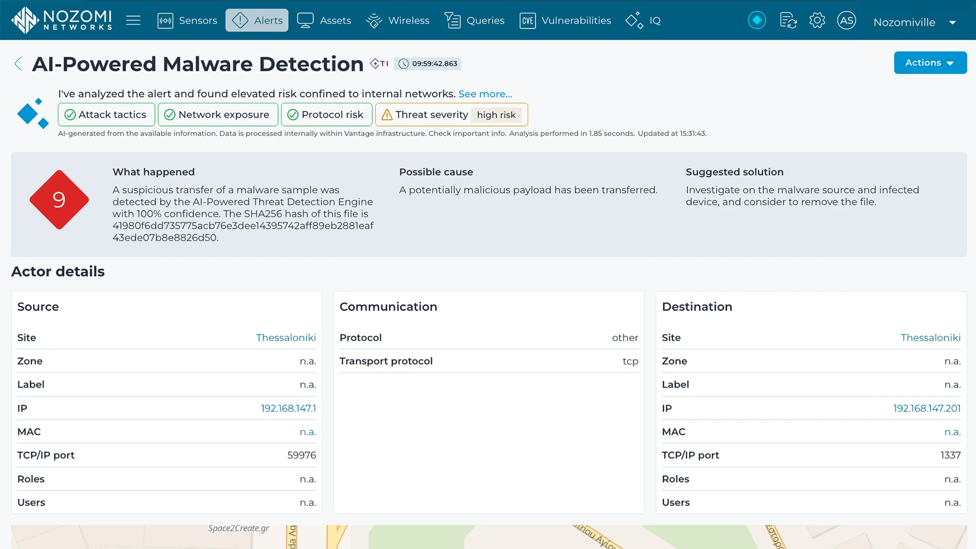 Screenshot einer Warnmeldung in der Nozomi , bei der die KI-gestützte Malware-Erkennungs-Engine zum Einsatz kommt, um eine verdächtige Übertragung einer Malware-Probe zu identifizieren.