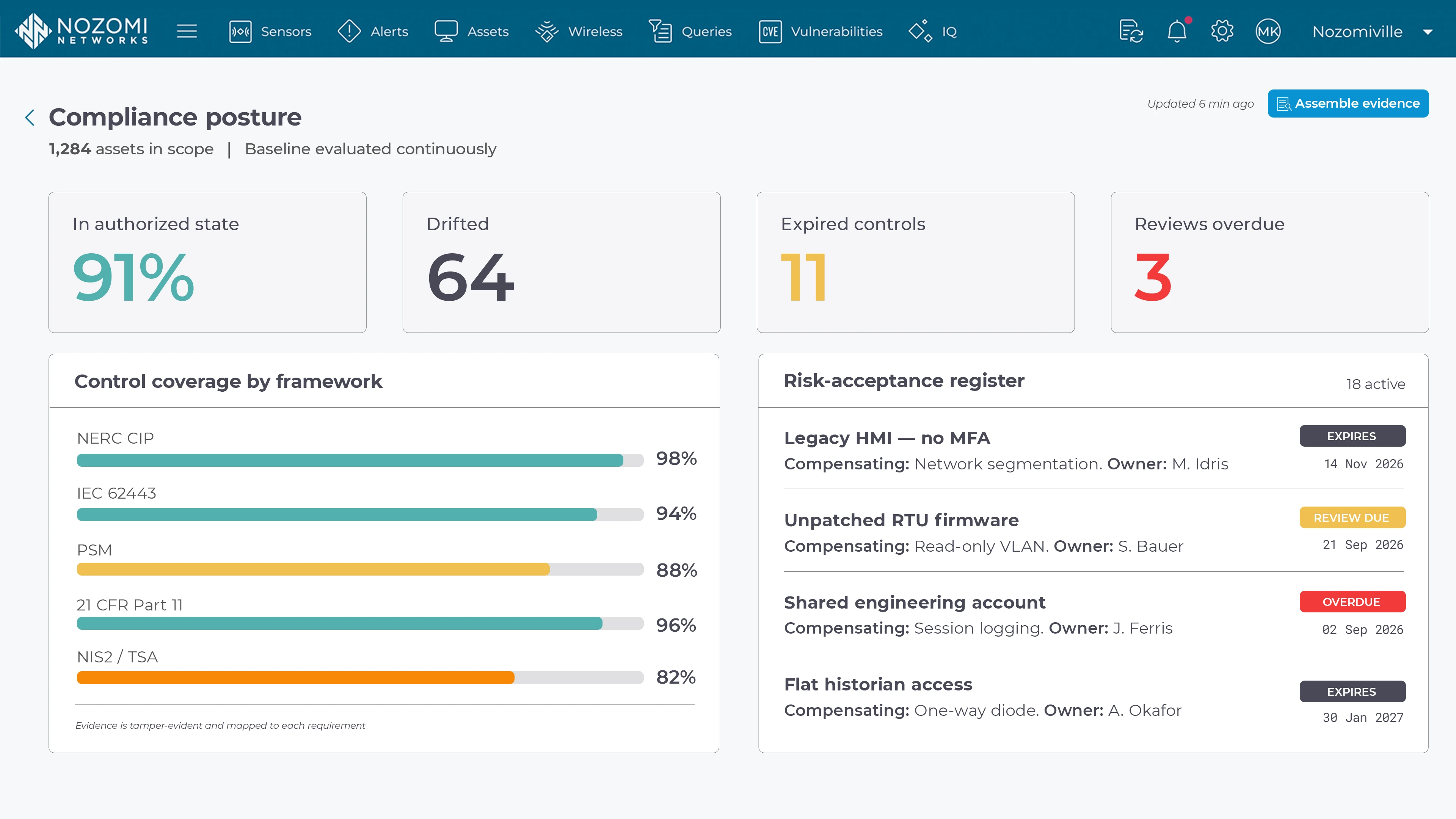 Nozomi Networks Vantage IQ software interface displaying a list of security and asset management insights with severity labels ranging from high to medium severity, describing security threats, unsupported assets, high-risk assets, software vulnerabilities, alerts, and targeted attacks.