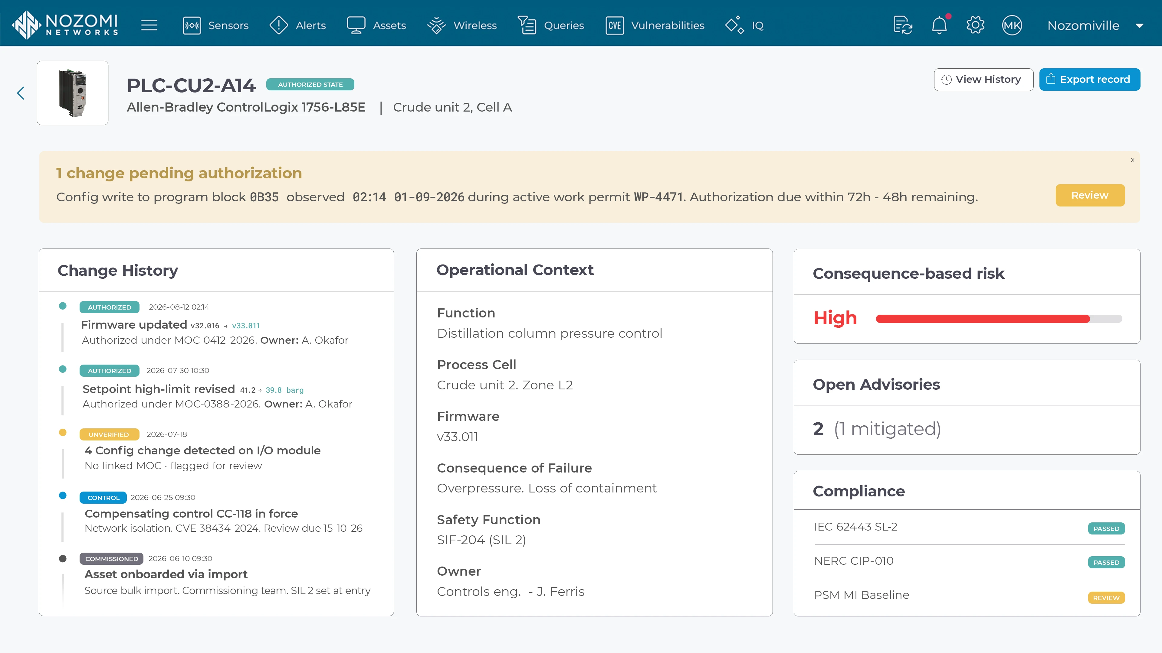 Nozomi Networks dashboard showing risk analysis for GuardLogix 5380 Controller with overall risk score 56, risk remediation steps, asset activity, and additional info.