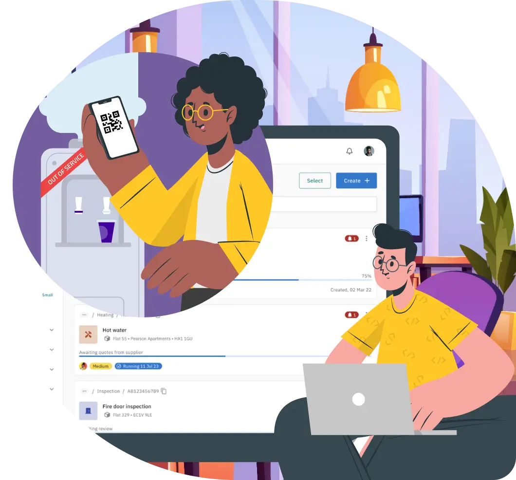 Illustrated scene demonstrating automated facilities management with askporter. A woman uses a smartphone to scan a QR code for a service request, while a man reviews tasks on a laptop, symbolising streamlined operations and improved efficiency.