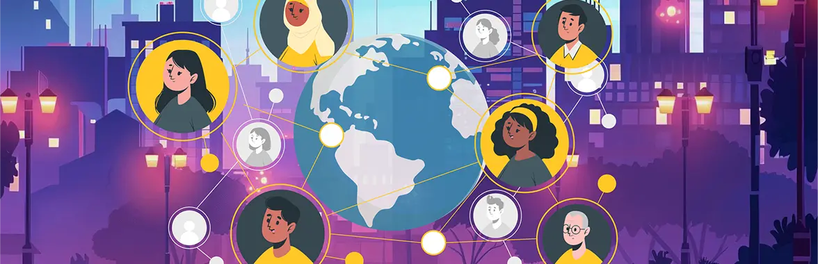 Illustration of a globe surrounded by diverse user profiles, symbolizing global communication and multiple languages.