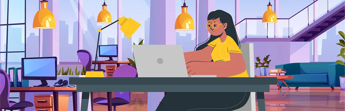 An illustration of a person working efficiently on a laptop in a modern office.