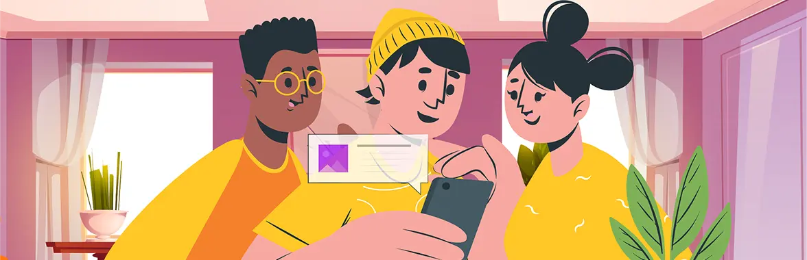 Three smiling people looking at a smartphone together, with a notification bubble, symbolising friendly interaction.