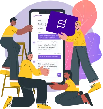 People collaborating around a large mobile phone displaying a chat interface.