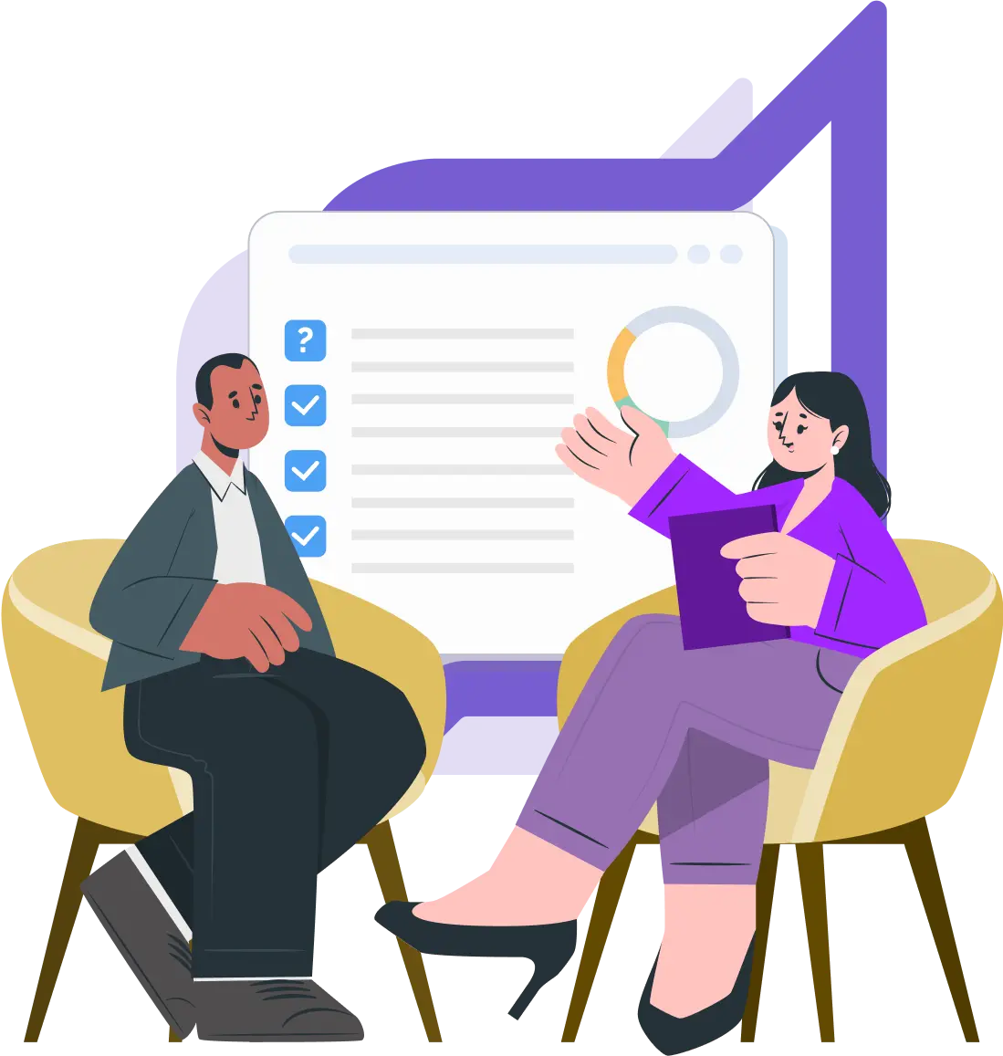 An illustration of two professionals in discussion. A digital screen is present behind them.