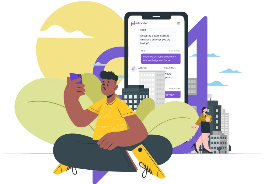 Person using a phone with a large mobile chat interface and city buildings in the background