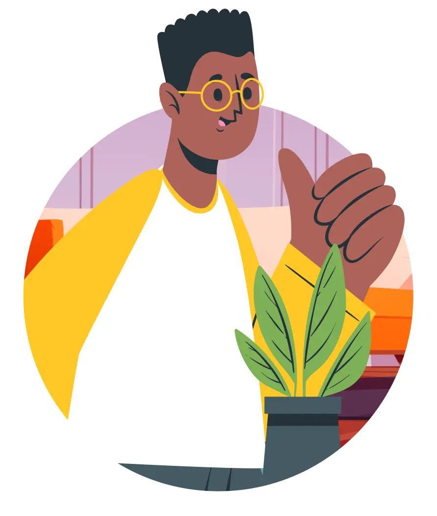 Illustration of a smiling person wearing glasses, giving a thumbs-up sign next to a potted plant, symbolizing positive customer feedback or satisfaction (CSAT).