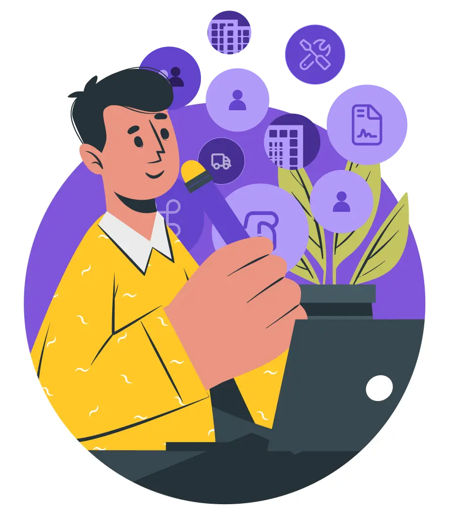 Illustration of a man working on a laptop with various floating icons above him, including people, documents, gears, and building outlines, representing complex challenges or diverse tasks.