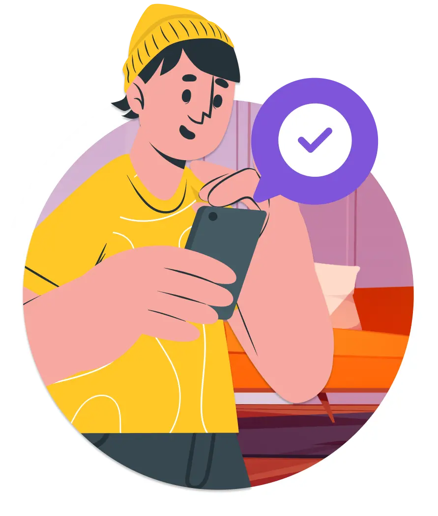 Illustration of a person wearing a beanie and yellow t-shirt, holding a smartphone with a checkmark notification, indicating successful user login or authentication.