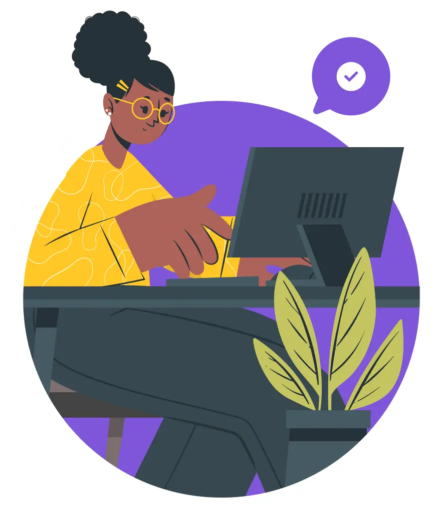 Illustration of a woman wearing glasses, working at a desktop computer, with a checkmark speech bubble, indicating accurate diagnostics or efficient work.
