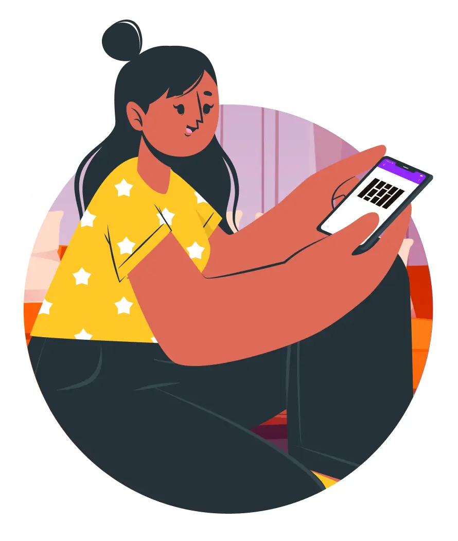 Illustration of a person sitting and holding a smartphone displaying a QR code, representing the use of QR codes for information or access.