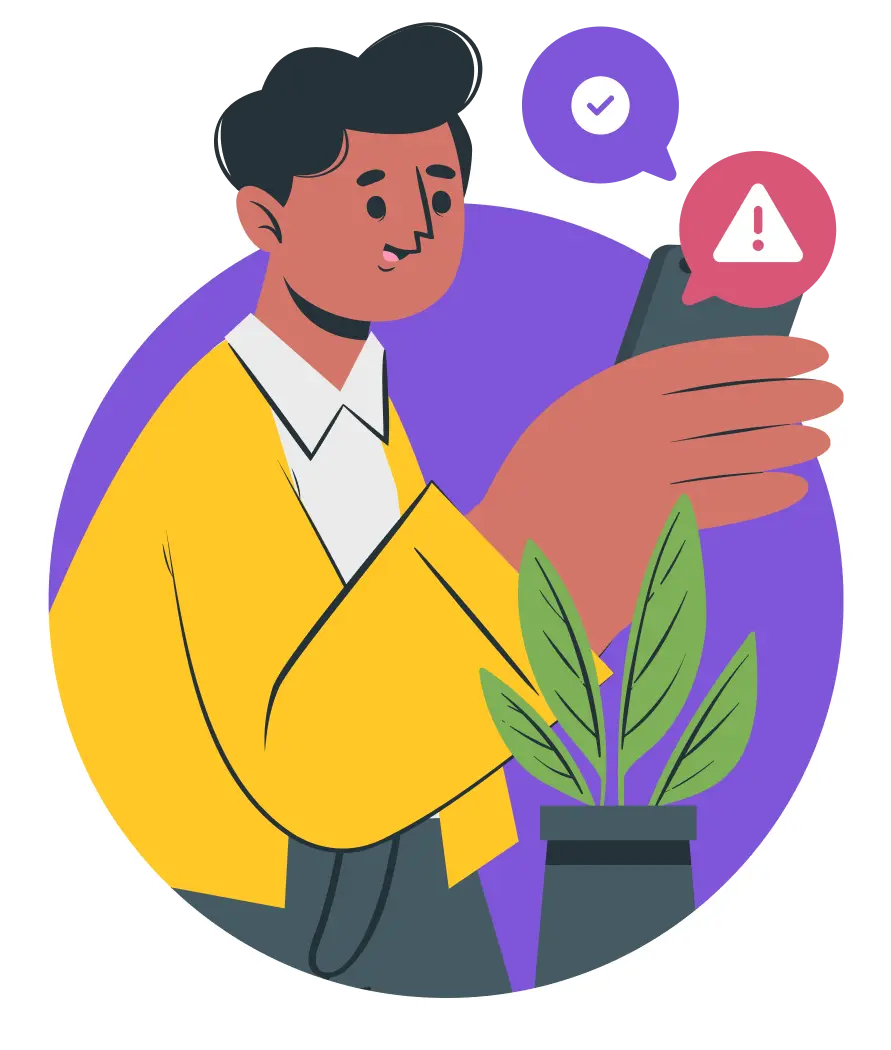 Illustration of a person using a smartphone with notification bubbles showing a checkmark and an alert icon, representing tenant self-service or mobile communication.