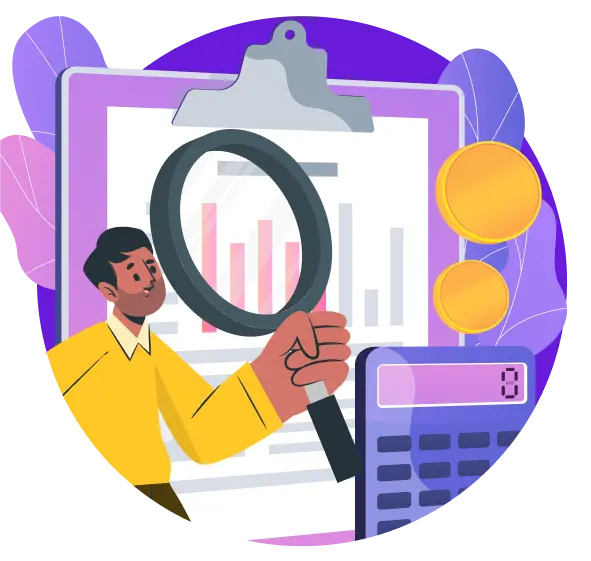 Illustration of a person in a yellow shirt holding a magnifying glass over a clipboard with colourful bar charts, surrounded by coins and a calculator, representing financial analysis and pricing evaluation