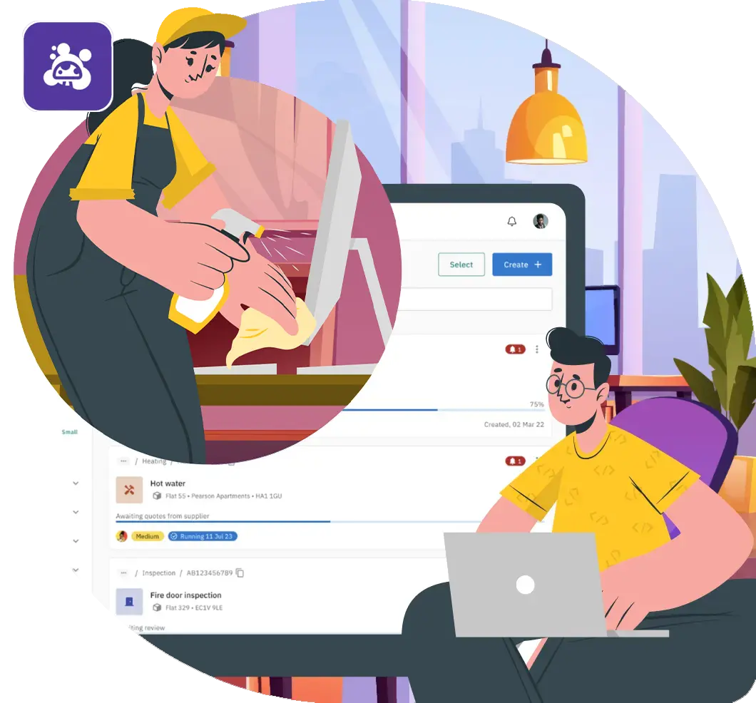Illustration showing a property maintenance worker in yellow hard hat and apron using a spray bottle to clean mould from a wall, while a property manager at a laptop computer tracks and manages the inspection process through the AskPorter platform interface