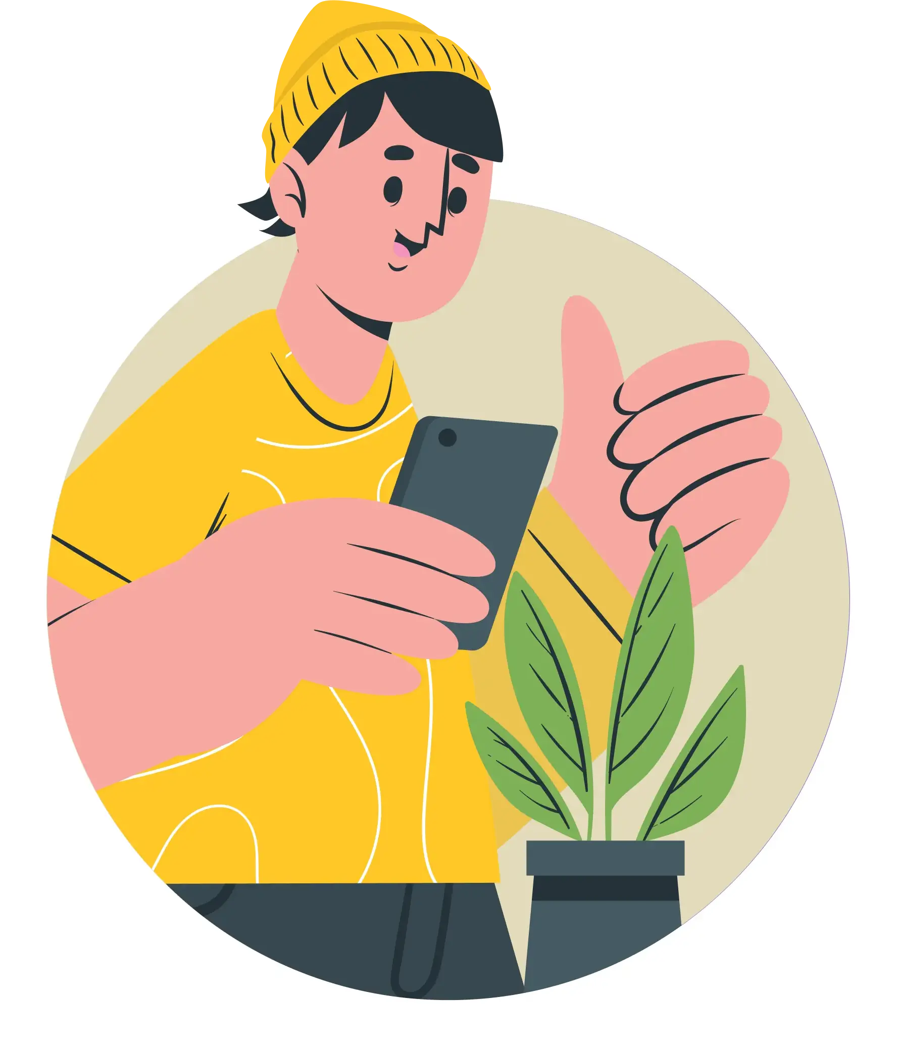 Illustration of a person in a yellow shirt holding a phone next to a healthy plant, representing the follow-up check sent two weeks after mould issue resolution to verify the problem hasn't recurred.