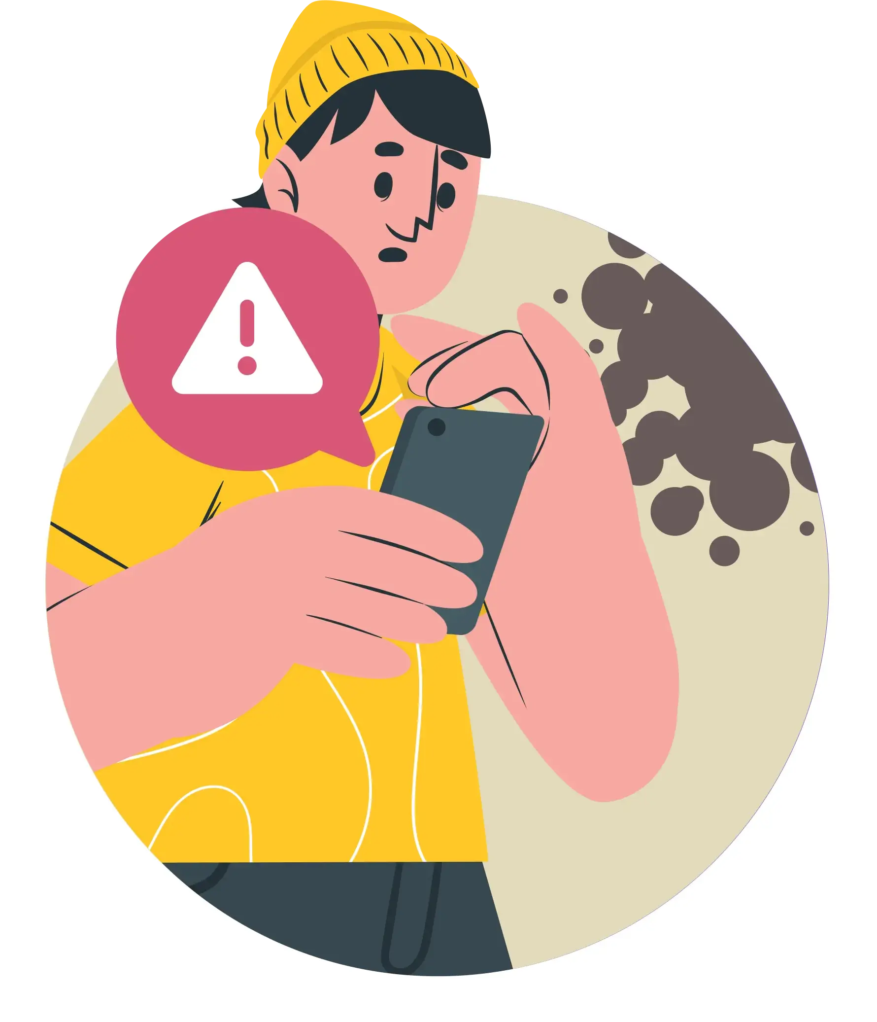 Illustration of a concerned person in a yellow shirt holding a phone with a warning triangle, representing a vulnerable tenant reporting mould in their bedroom.