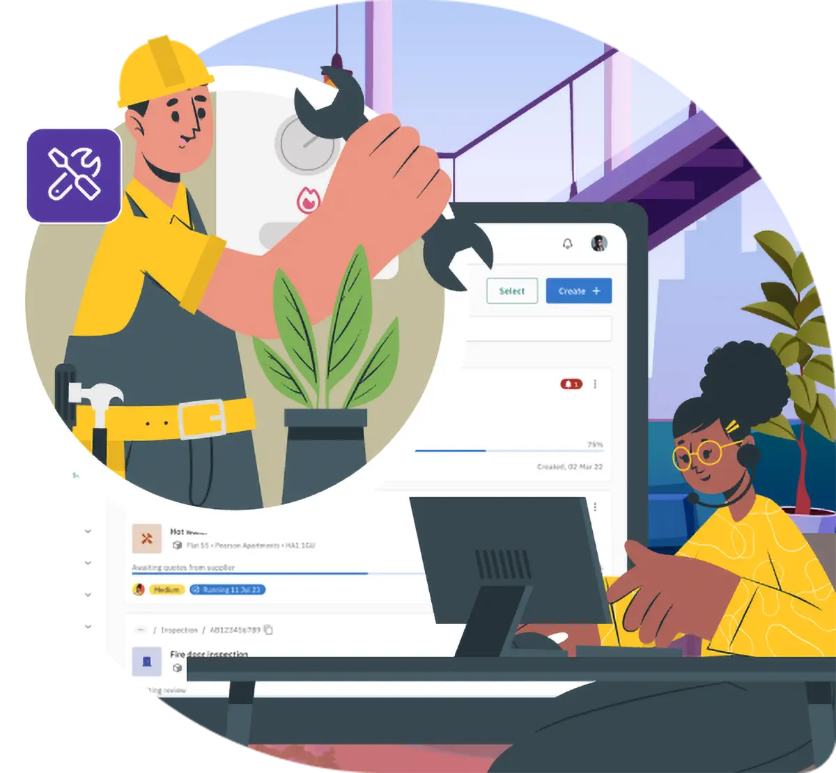 Illustration of askporter's maintenance agent platform connecting maintenance workers and property managers through digital task management and scheduling tools.