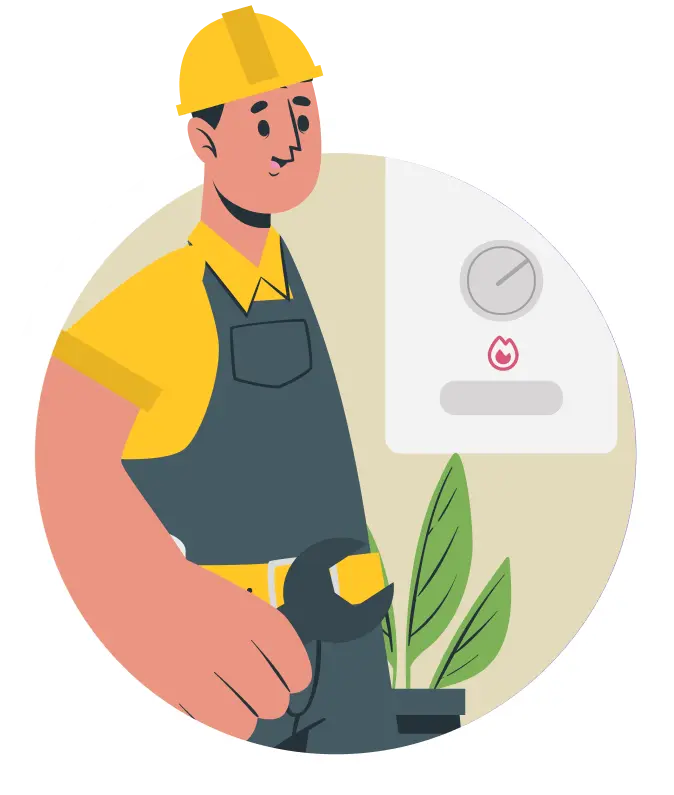 Illustration of a maintenance worker in a yellow hard hat and overalls holding a tool, representing the maintenance agent diagnosing issues and suggesting solutions.