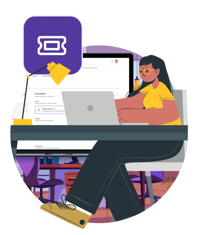 Illustration of a property manager working at a desk with computer screens showing ticket management interface, representing the creation of detailed maintenance tickets with images for field operatives.
