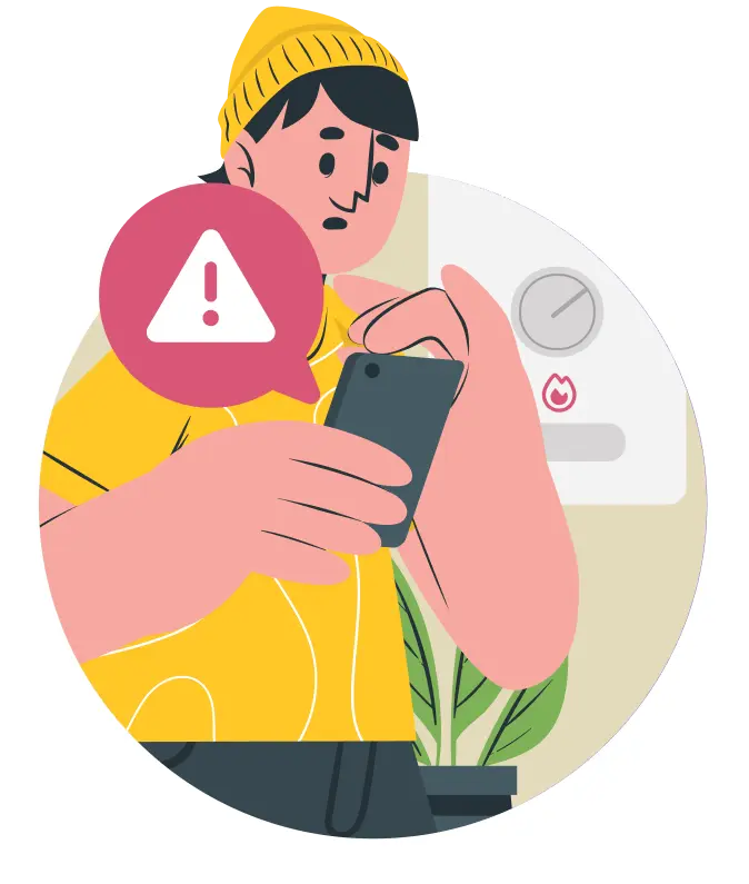 Illustration of a tenant in a yellow beanie holding a smartphone with a warning alert symbol, representing a tenant reporting a boiler issue through the askporter platform.
