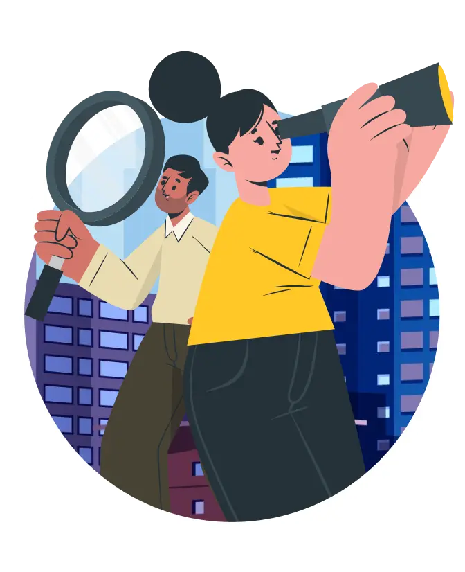 Illustration of two people with magnifying glasses examining buildings in an urban setting, representing intelligent triage and diagnostic capabilities.