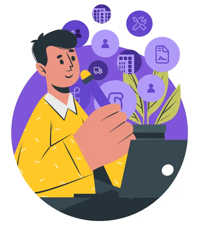 Illustration of a person in yellow shirt with floating icons representing different maintenance services and tools, representing built-in prioritisation and safety features.