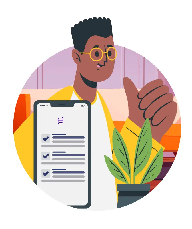 Illustration of a person with glasses holding a smartphone displaying a checklist interface, representing intelligent triage and self-help guidance for maintenance issues.