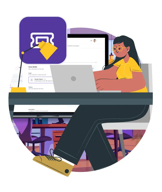 Illustration of a property manager working at a desk with multiple screens and the askporter interface, representing seamless task creation and system integration.