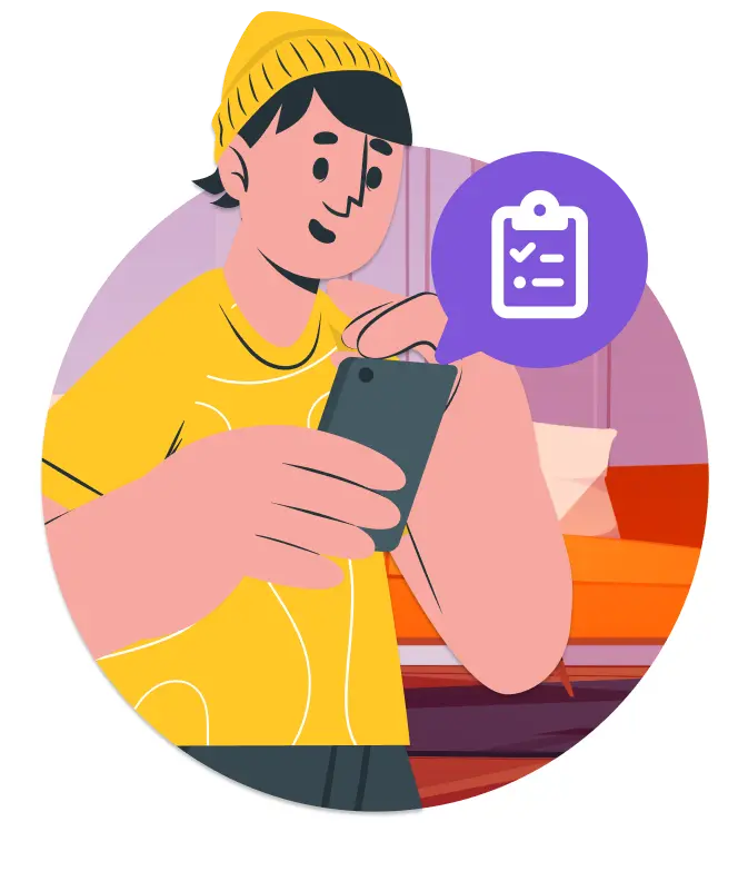 Illustration of a tenant in a yellow beanie holding a smartphone with a checklist icon, representing personalised information gathering to ensure accurate maintenance requests.