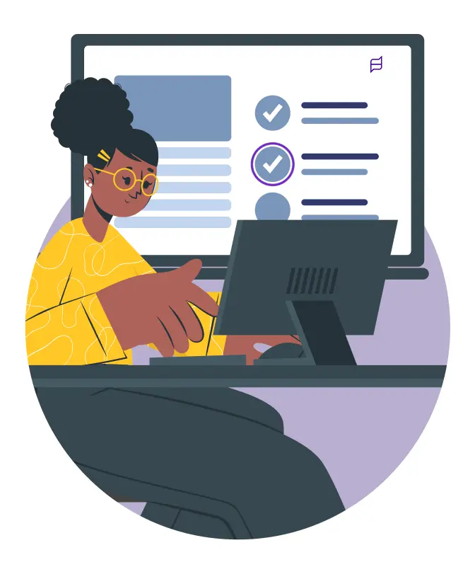 Illustration of a property manager working at a computer with task management interface showing checkboxes and progress indicators, representing customisable guided flows for maintenance diagnostics.
