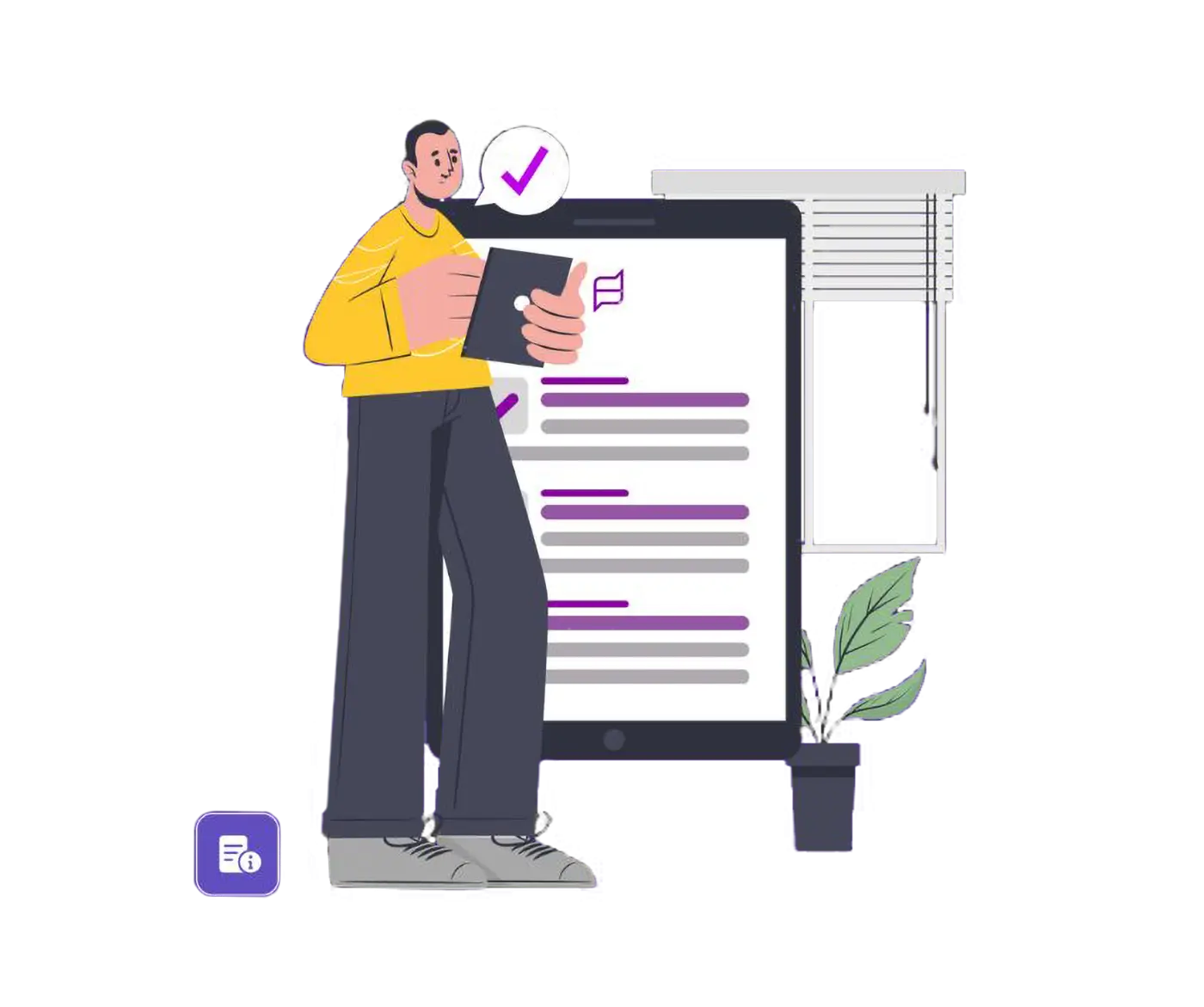 Illustration of a person in a yellow shirt standing next to a large computer monitor displaying a maintenance efficiency scorecard with charts and metrics, with a green checkmark indicating successful completion or positive results